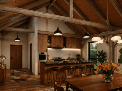 Contemporary timber barn home with covered outdoor entertaining area