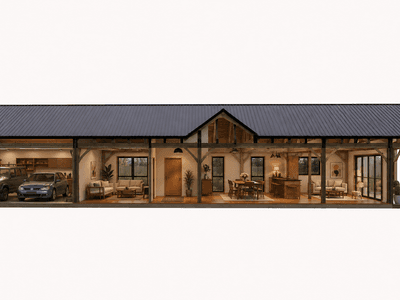 246m2 single storey timber frame barn home with outdoor porticos