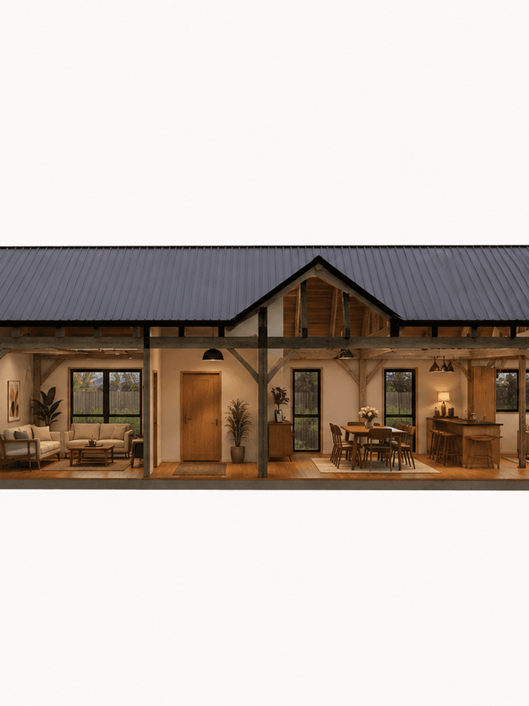 246m2 single storey timber frame barn home with outdoor porticos
