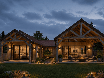 Timber framed barn home with open plan living and porticos
