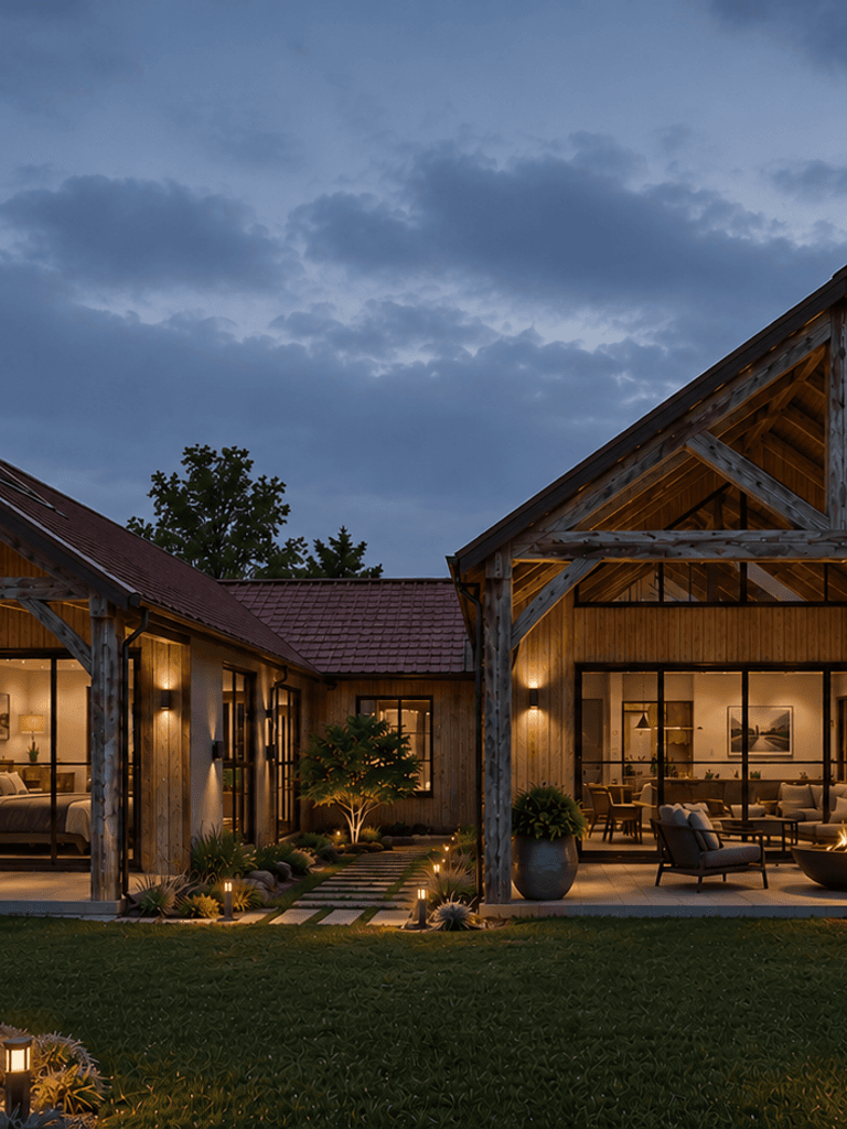 Timber framed barn home with open plan living and porticos