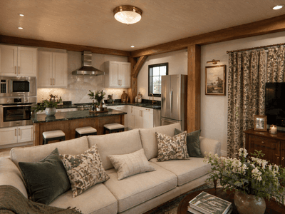 Modern timber frame home interior with covered outdoor living and vaulted ceilings