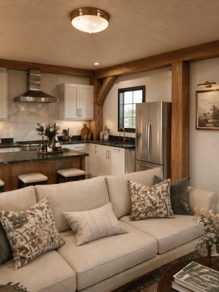 Modern timber frame home interior with covered outdoor living and vaulted ceilings