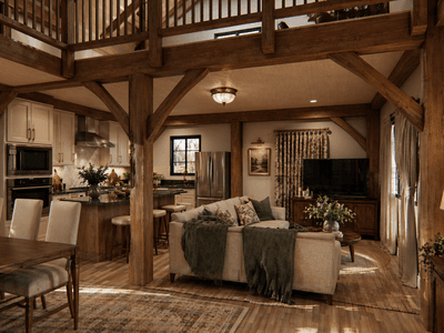 Open-plan timber barn home with oversized living spaces and rural charm