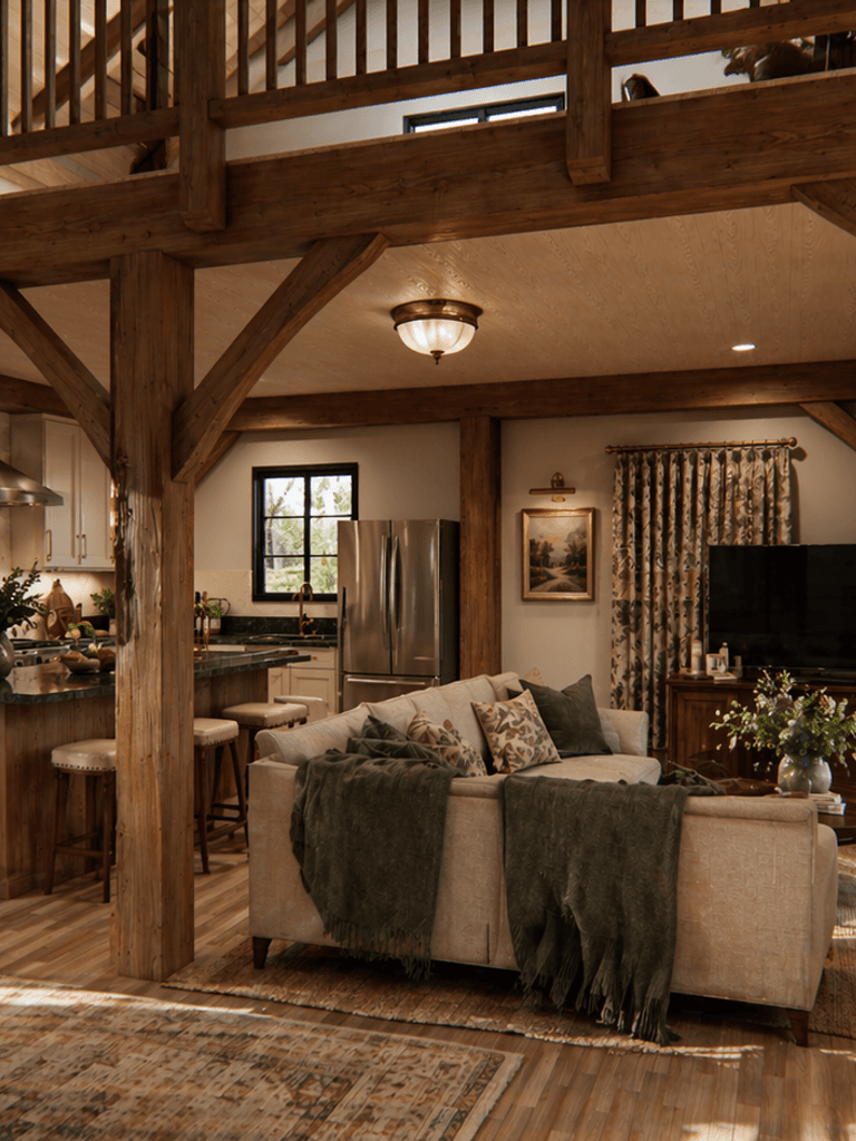 Open-plan timber barn home with oversized living spaces and rural charm
