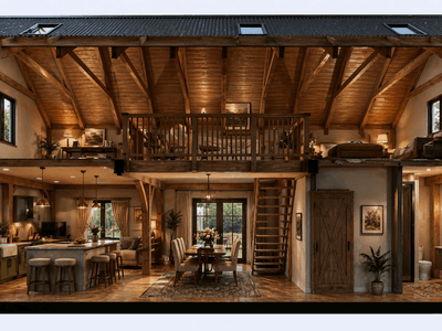 Contemporary barn-style house with wraparound veranda and exposed timber beams corss section