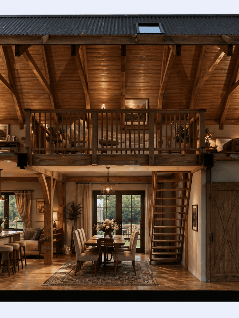 Contemporary barn-style house with wraparound veranda and exposed timber beams corss section