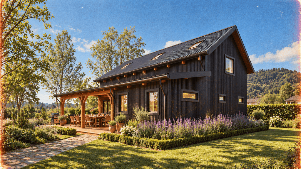 142m² two-storey modular timber frame barn home made from sustainable New Zealand timber with traditional mortise and tenon joinery.