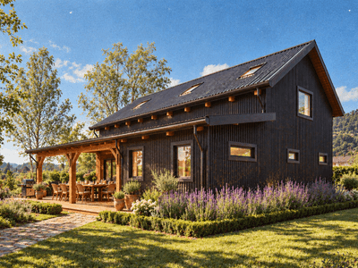 142m² two-storey modular timber frame barn home made from sustainable New Zealand timber with traditional mortise and tenon joinery.