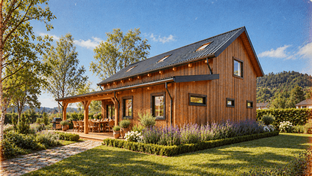 New Zealand timber frame barn home featuring a spacious 3-metre-wide veranda and exposed Douglas-fir beams.