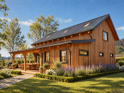 New Zealand timber frame barn home featuring a spacious 3-metre-wide veranda and exposed Douglas-fir beams.