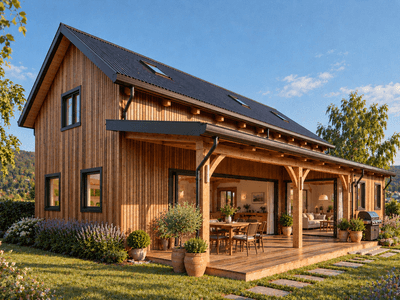 Two-storey timber frame barn with a large upstairs entertainment area, ideal for hosting guests in all weather conditions.