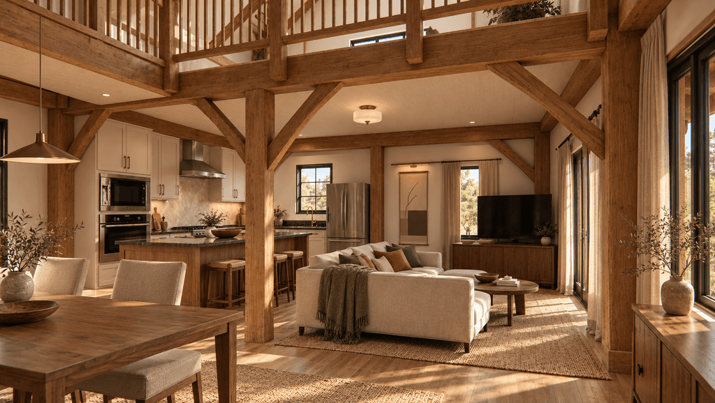 Modular 142m² barn home featuring traditional mortise and tenon timber joinery, a wide veranda and open-plan living spaces.