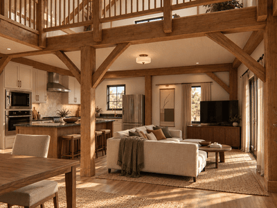 Modular 142m² barn home featuring traditional mortise and tenon timber joinery, a wide veranda and open-plan living spaces.