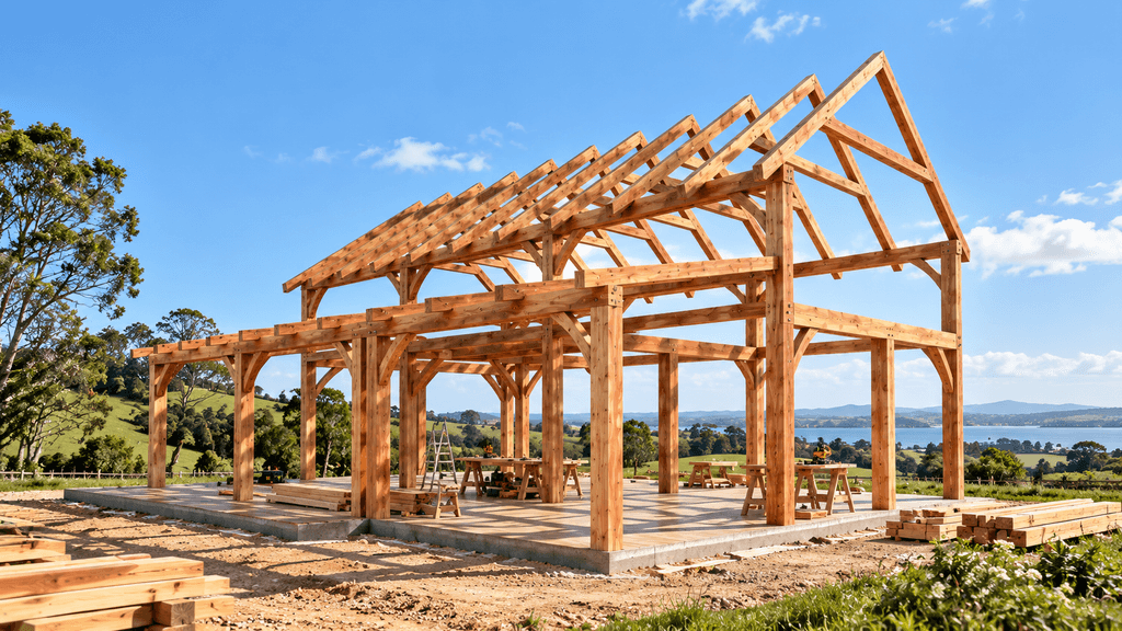 Premium New Zealand timber frame home with a two-storey modular design, handcrafted timber joinery and a generous outdoor entertaining veranda.
