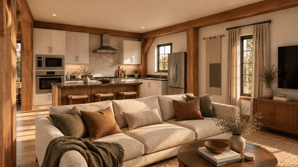 142m² two-storey modular timber frame barn home interior made from sustainable New Zealand timber.