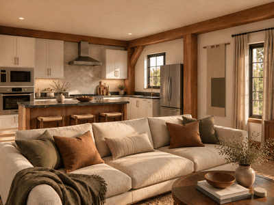142m² two-storey modular timber frame barn home interior made from sustainable New Zealand timber.