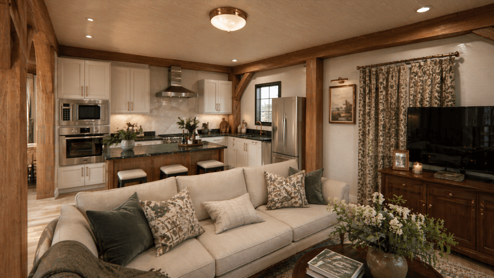 Modern timber frame home interior with covered outdoor living and vaulted ceilings