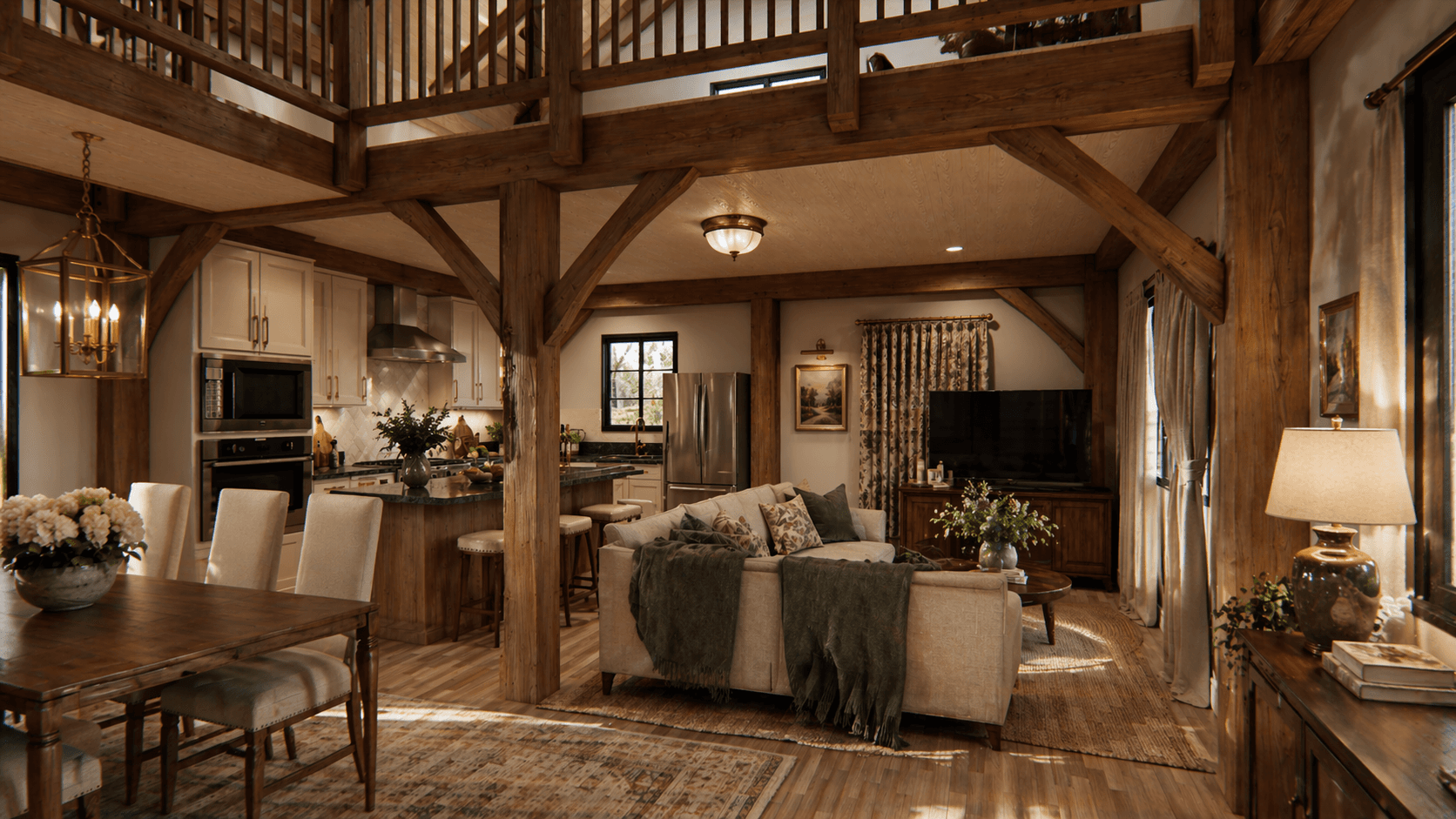 Open-plan timber barn home with oversized living spaces and rural charm