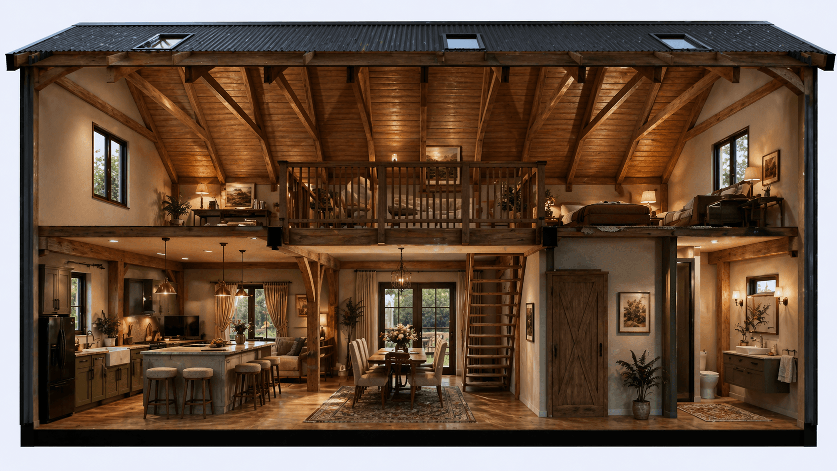 Contemporary barn-style house with wraparound veranda and exposed timber beams corss section