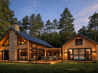 Luxury modern barn style home design with mortise-and-tenon construction, stone chimney, and floor-to-ceiling glass, set among forest trees in a natural rural setting.