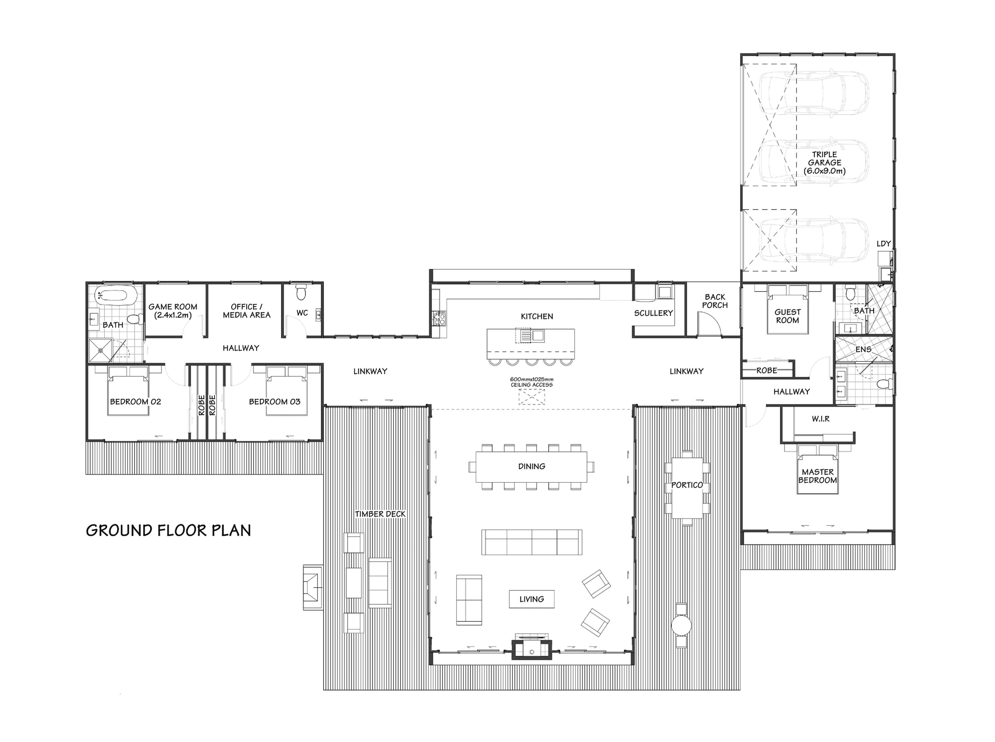 Large timber frame barn home floor plan made from New Zealand timber with open plan living
