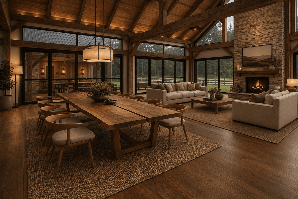 Prairie-style timber frame home interior with exposed beams, natural wood, stone fireplace and elegant rustic furnishings