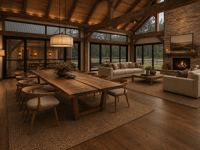 Prairie-style timber frame home interior with exposed beams, natural wood, stone fireplace and elegant rustic furnishings