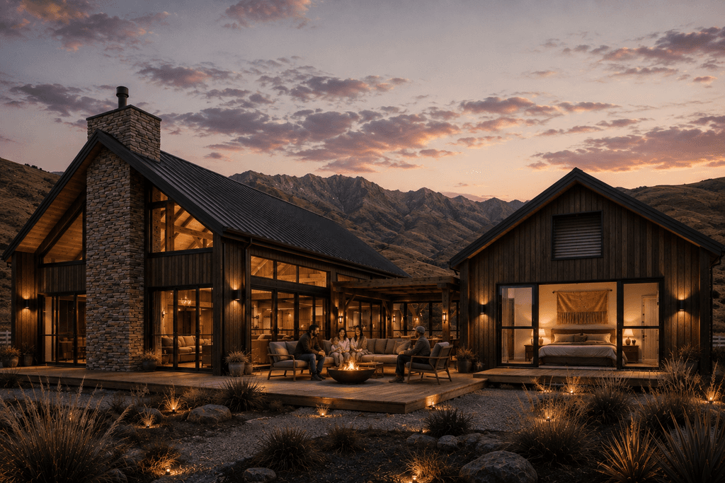 Central Otago alpine timber frame barn home set against rugged mountain scenery