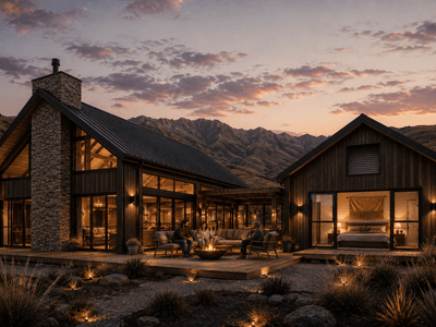 Central Otago alpine timber frame barn home set against rugged mountain scenery