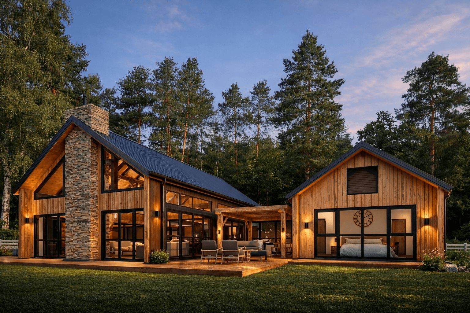 Luxury modern barn style home design with mortise-and-tenon construction, stone chimney, and floor-to-ceiling glass, set among forest trees in a natural rural setting.