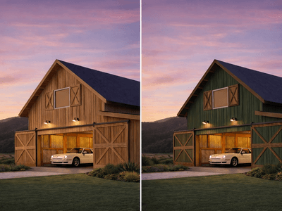 Modern barn-style garage with natural timber cladding and earthy green exterior, featuring a vintage 1970s Porsche 911 under warm evening lighting in a rural setting in NZ