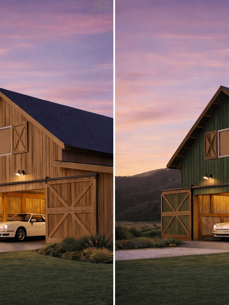 Modern barn-style garage with natural timber cladding and earthy green exterior, featuring a vintage 1970s Porsche 911 under warm evening lighting in a rural setting in NZ