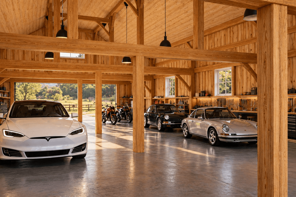 Exposed timber frame multi-use barn with traditional mortise and tenon joinery and gabled roof structure, classic car storage.