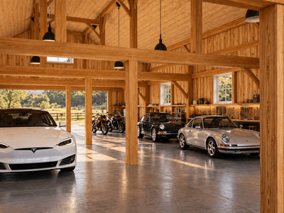 Exposed timber frame multi-use barn with traditional mortise and tenon joinery and gabled roof structure, classic car storage.