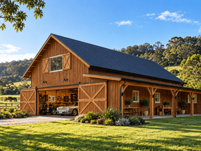Large custom timber frame storage barn with exposed rafters, solid timber posts and beams on a lifestyle property.