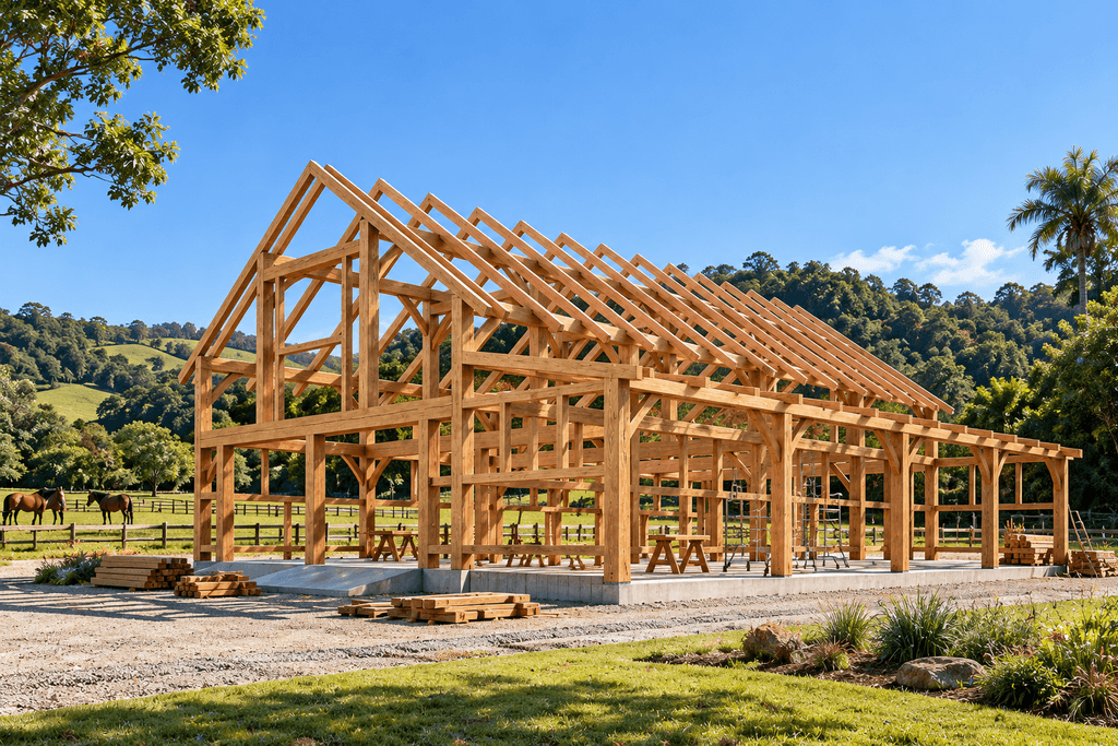 Timber frame barn under construction on a luxury rural property 