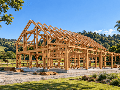 Timber frame barn under construction on a luxury rural property 