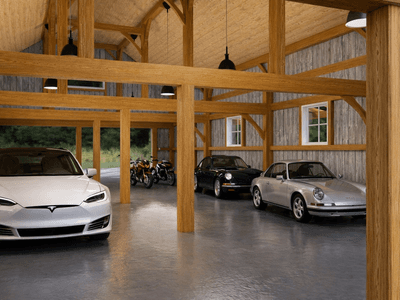 Large timber frame barn with multiple vehicle storage bays in New Zealand