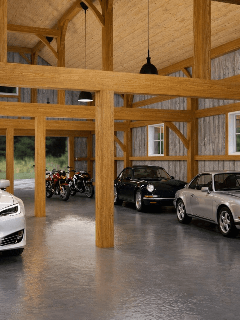 Large timber frame barn with multiple vehicle storage bays in New Zealand
