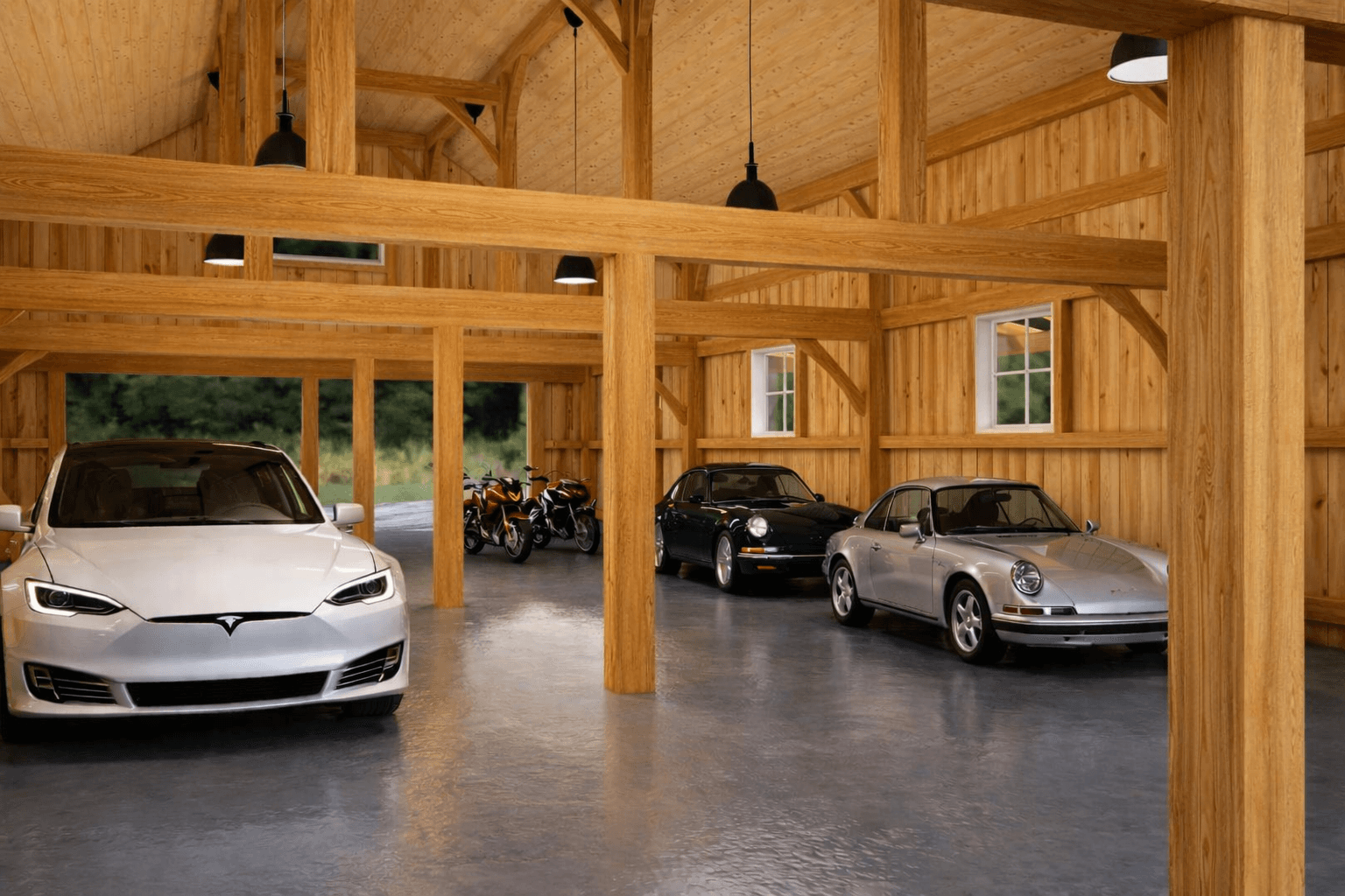 Spacious timber barn garage with exposed beams and open-span interior NZ