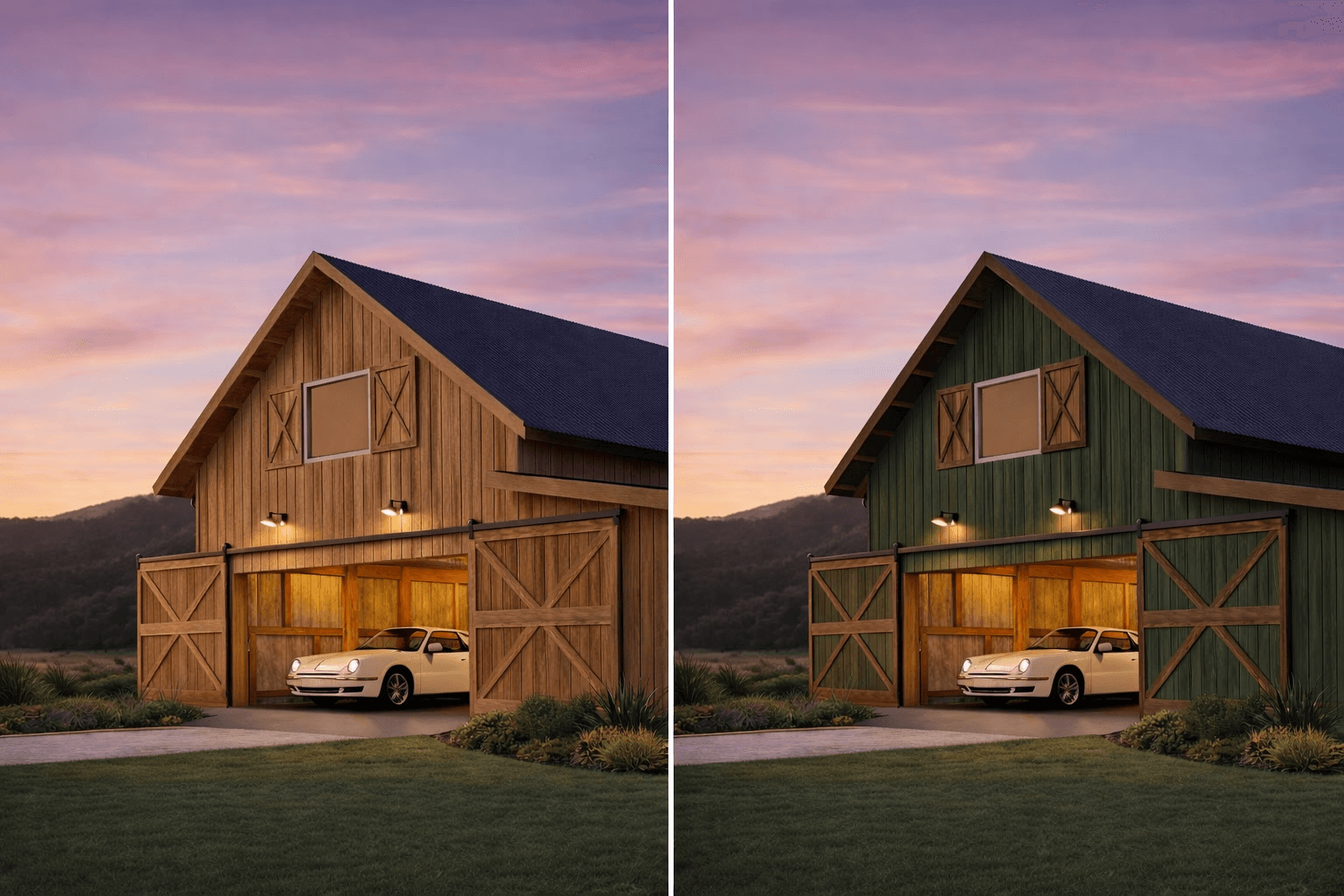Modern barn-style garage with natural timber cladding and earthy green exterior, featuring a vintage 1970s Porsche 911 under warm evening lighting in a rural setting in NZ