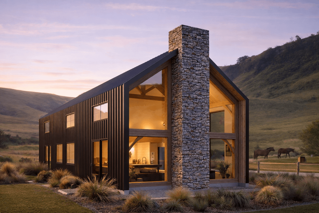 Modular double storey SIP barn timber frame home exterior