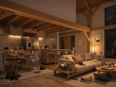 Narrow site timber frame barn home with modern exterior
