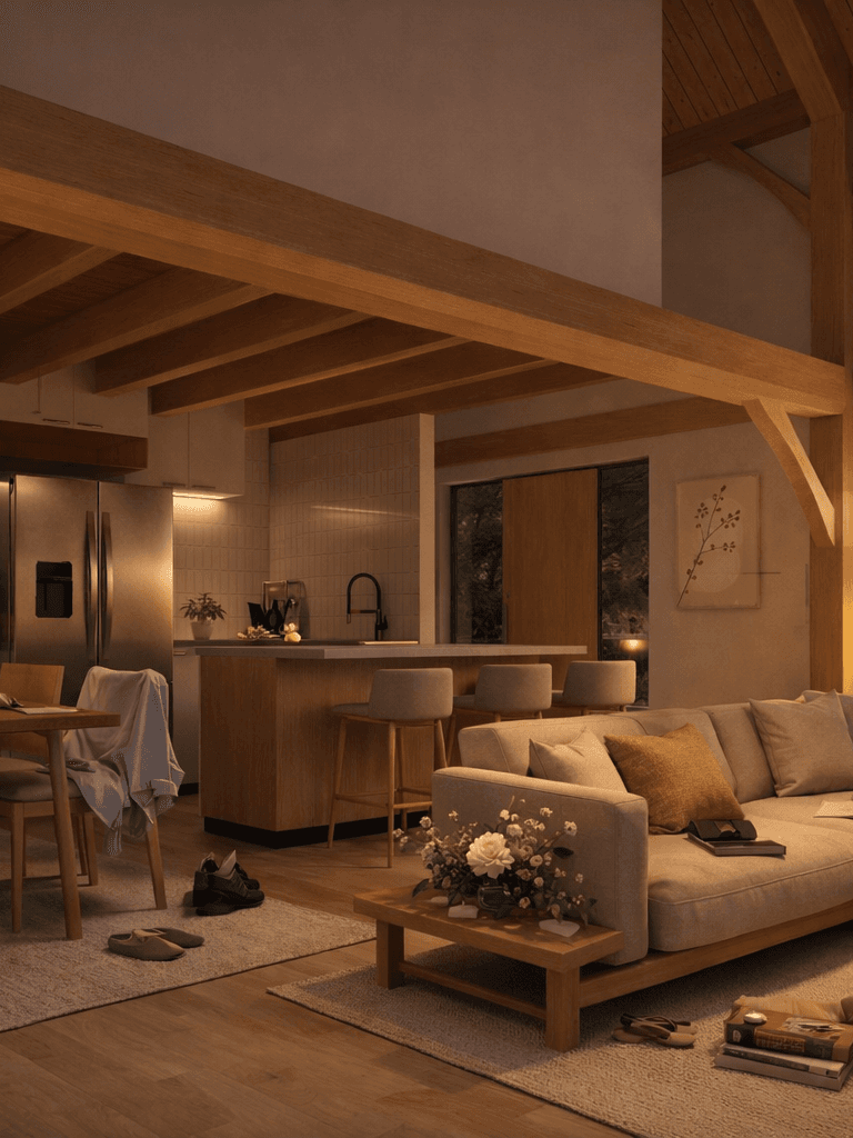 Narrow site timber frame barn home with modern exterior