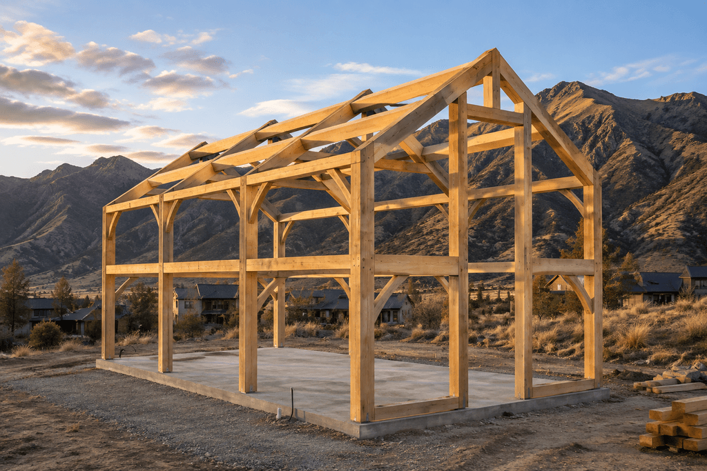 Timber frame for "The Outpost" - a modern barn design with vaulted ceilings and loft
