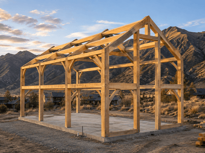 Timber frame for "The Outpost" - a modern barn design with vaulted ceilings and loft