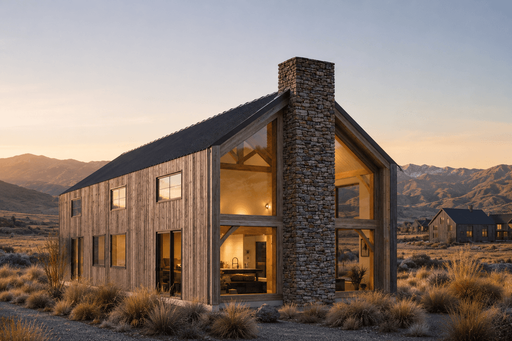 High-end timber frame home exterior overlooking dry alpine hills