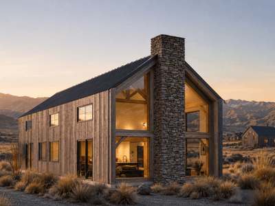 High-end timber frame home exterior overlooking dry alpine hills