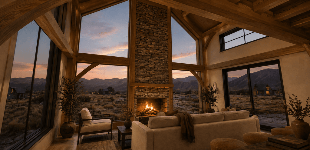 Premium timber frame home with warm minimalist interior styling fireplace views